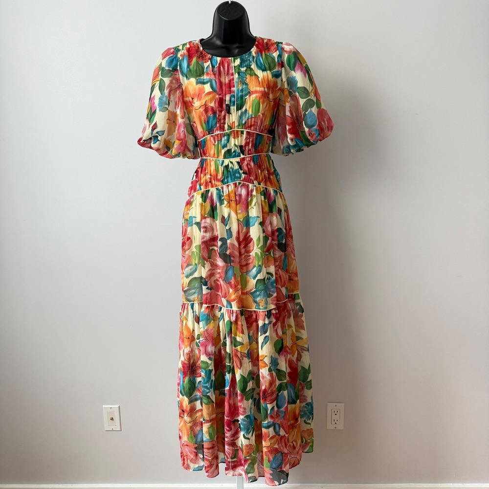 ONE33 Social sz 2 Floral Puff Sleeve Lace Up Back Maxi Dress Multicolor NWOT - Picture 2 of 9
